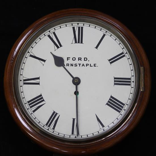 A late Victorian mahogany cased wall timepiece, 14.5in.